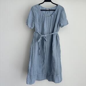 Brora Dress UK 12 US 8 Blue Organic Crinkle Linen Belted Cottage Coastal Prairie